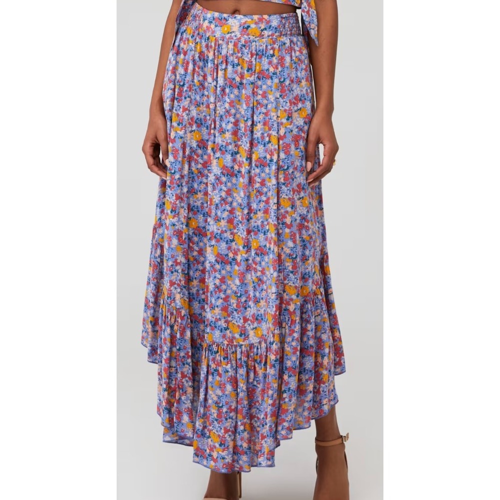 Free‎ People Blue Floral Smocked Waist High Low Ruffle Maxi Skirt XS